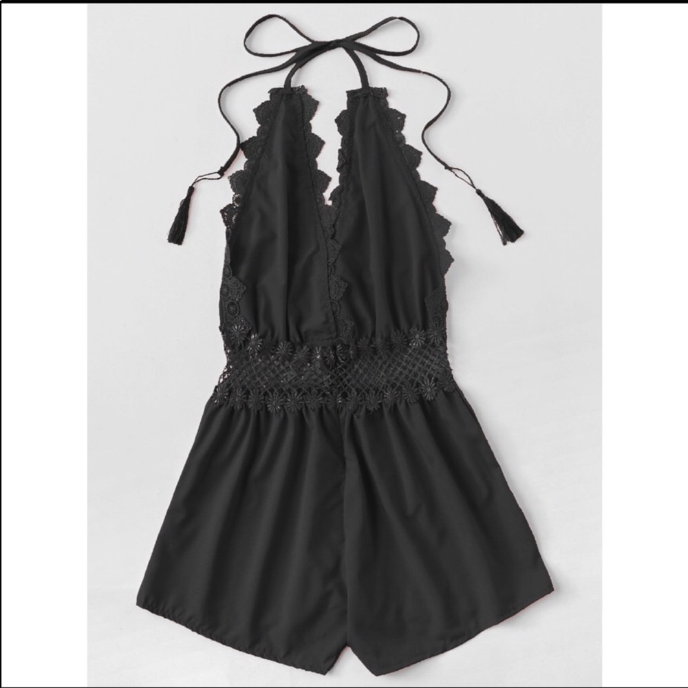 Deep V Halter Crochet Black Romper Low Back - Picture 2 of 4